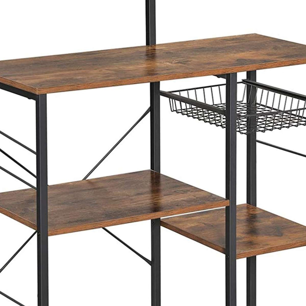 Wooden Utility Storage With 5 Shelves And Wire Basket, Brown And Black By Benzara | Shelves & Shelving Units |  Modishstore  - 3