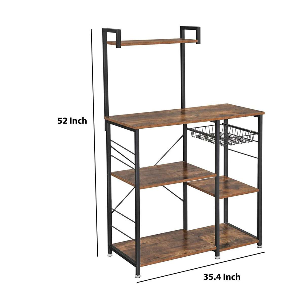 Wooden Utility Storage With 5 Shelves And Wire Basket, Brown And Black By Benzara | Shelves & Shelving Units |  Modishstore  - 2