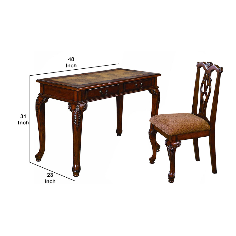 2 Piece Wooden Desk And Chair Set With Cabriole Legs Support Brown By Benzara | Dining Sets | Modishstore - 4