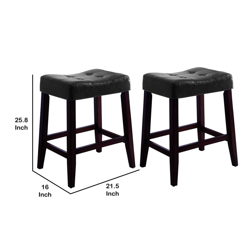 Wooden Stools With Saddle Seat And Button Tufts Set Of 2 Black And Brown By Benzara | Bar Stools | Modishstore - 6