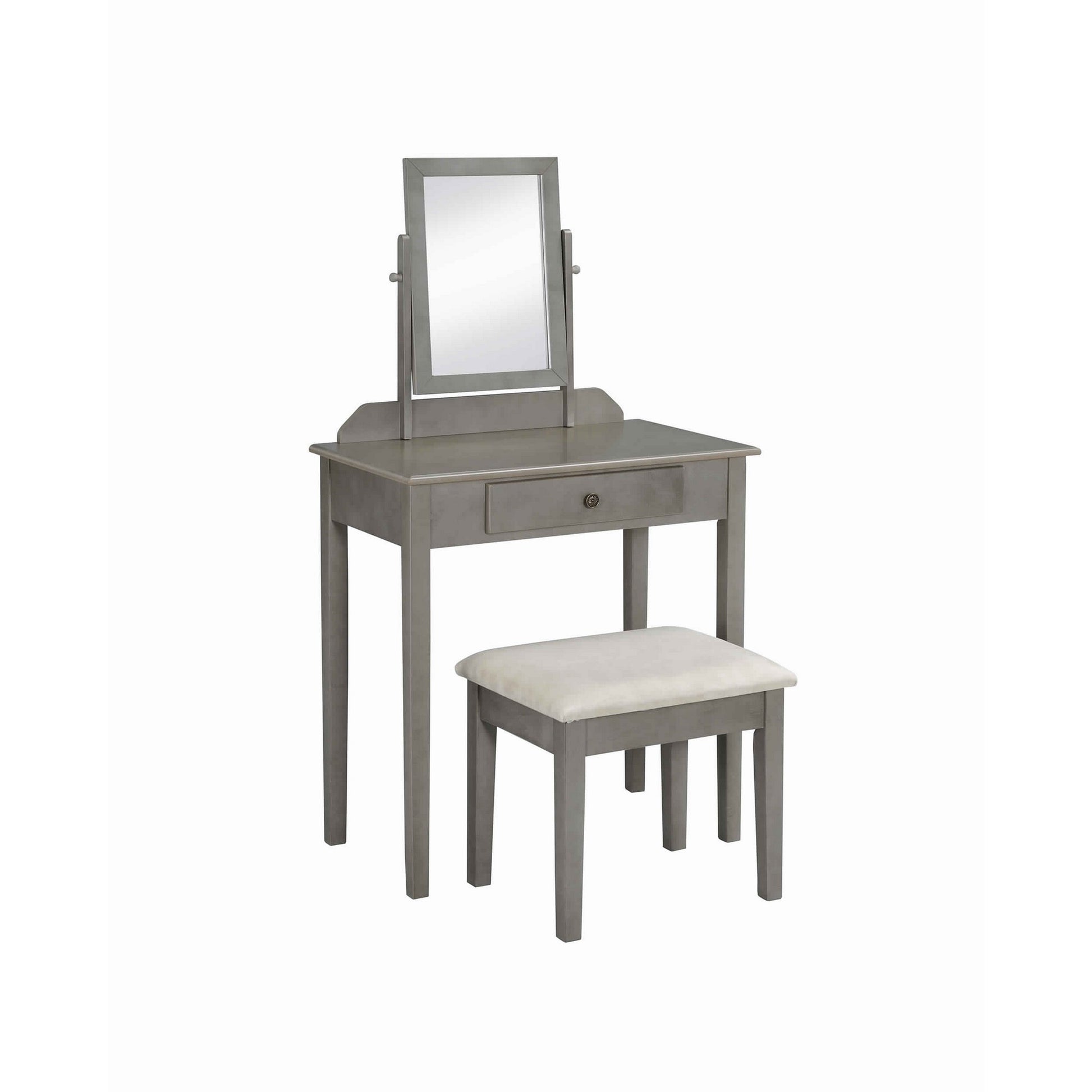 Wood And Fabric Vanity Set With Tilting Vertical Mirror, Gray And Beige By Benzara | Dressers | Modishstore