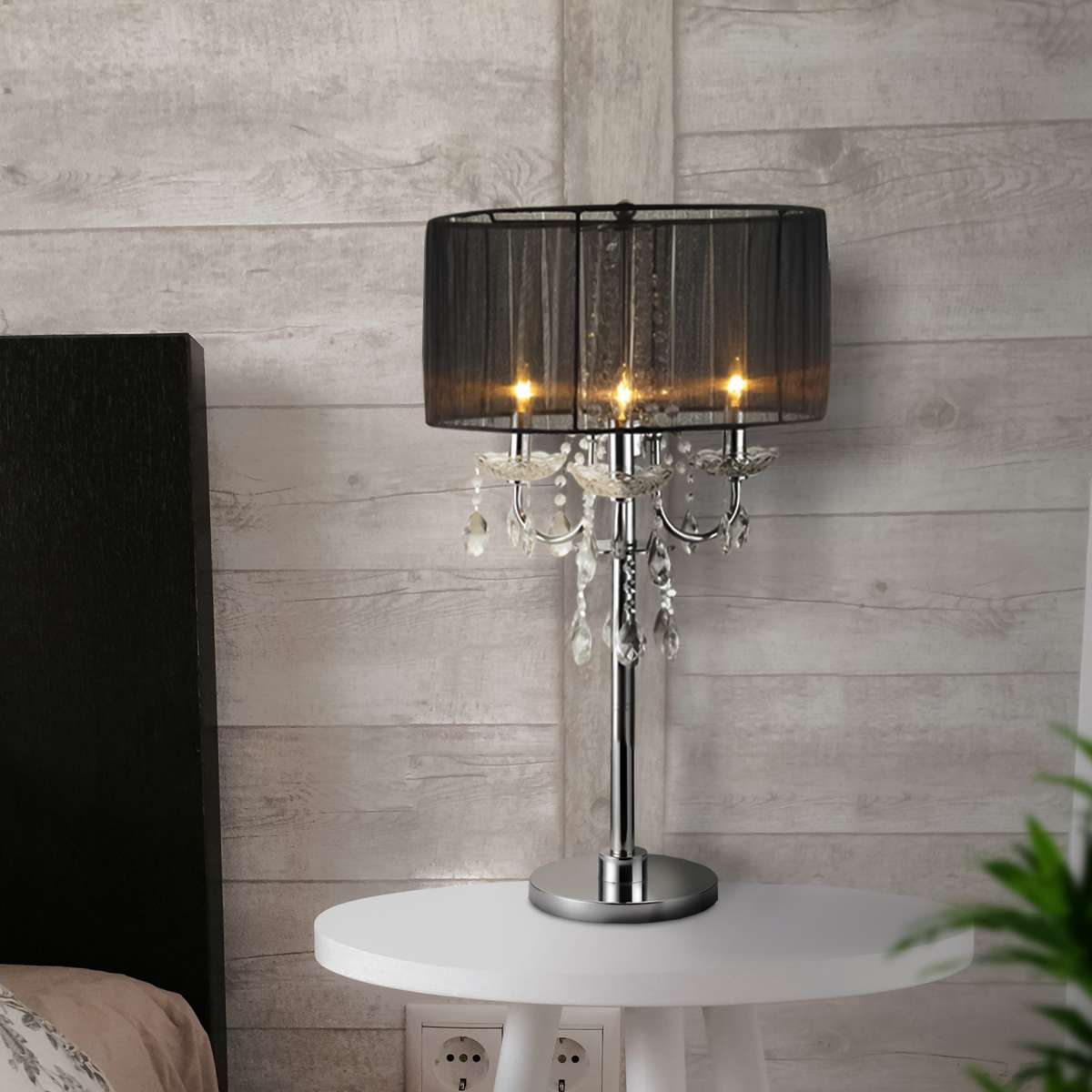 Metal Chandelier Table Lamp With Crystal Accent, Set Of 2,Black And Chrome By Benzara | Table Lamps |  Modishstore 