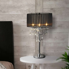 Metal Chandelier Table Lamp With Crystal Accent, Set Of 2,Black And Chrome By Benzara