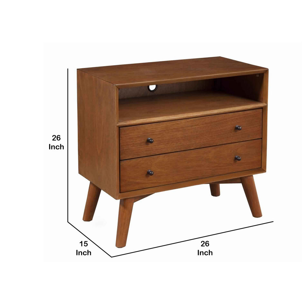 2 Drawer Wooden Nightstand With Open Compartment And Splayed Legs, Brown By Benzara | Nightstands | Modishstore - 5
