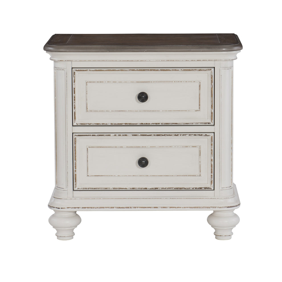 2 Drawer Wooden Nightstand With Distressed Details, Antique White And Brown By Benzara | Nightstands | Modishstore - 2