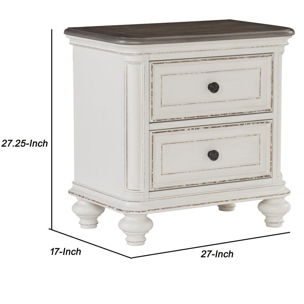 2 Drawer Wooden Nightstand With Distressed Details, Antique White And Brown By Benzara | Nightstands | Modishstore - 3