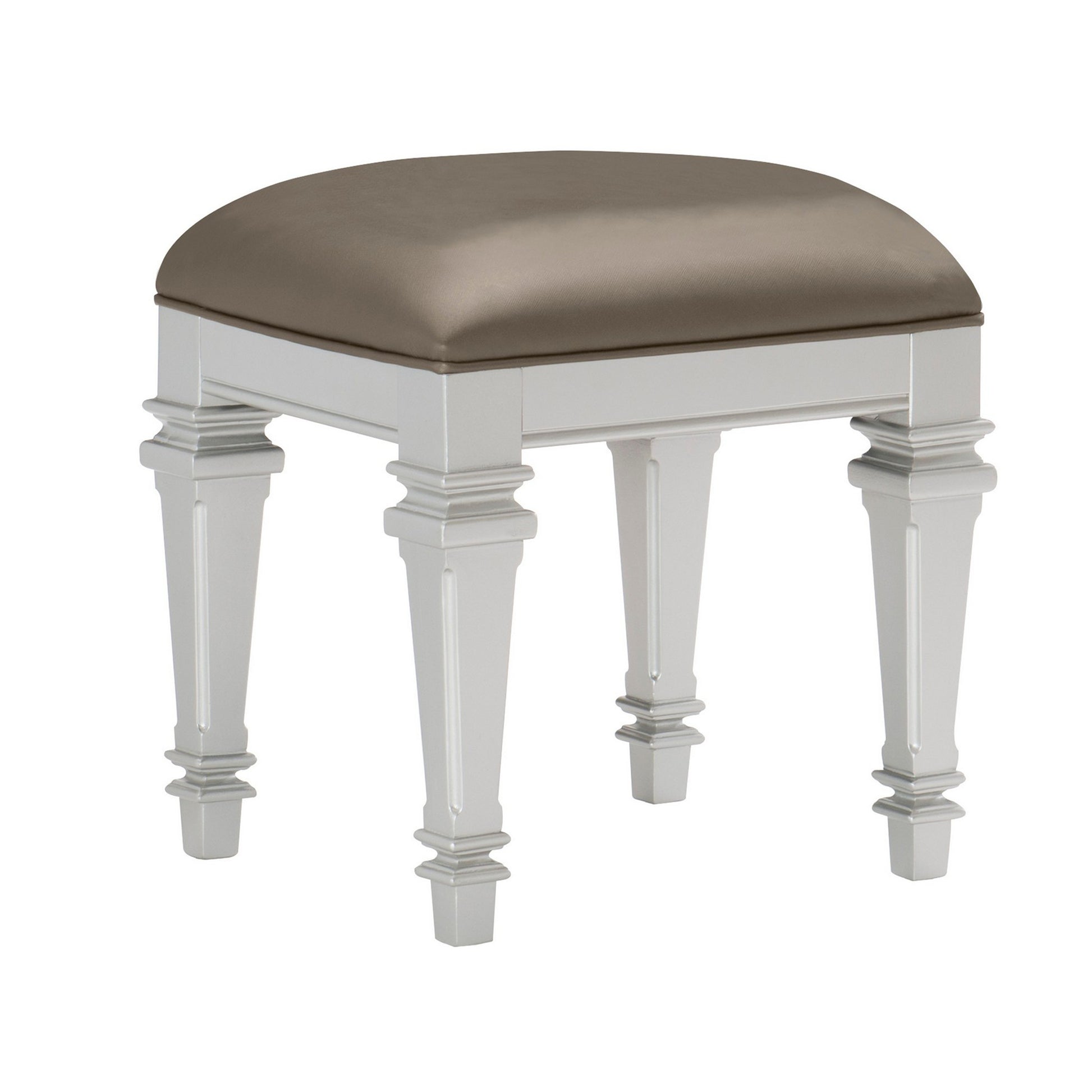 Leatherette Padded Vanity Stool With Tapered Legs And Molded Detail, Silver By Benzara | Stools | Modishstore