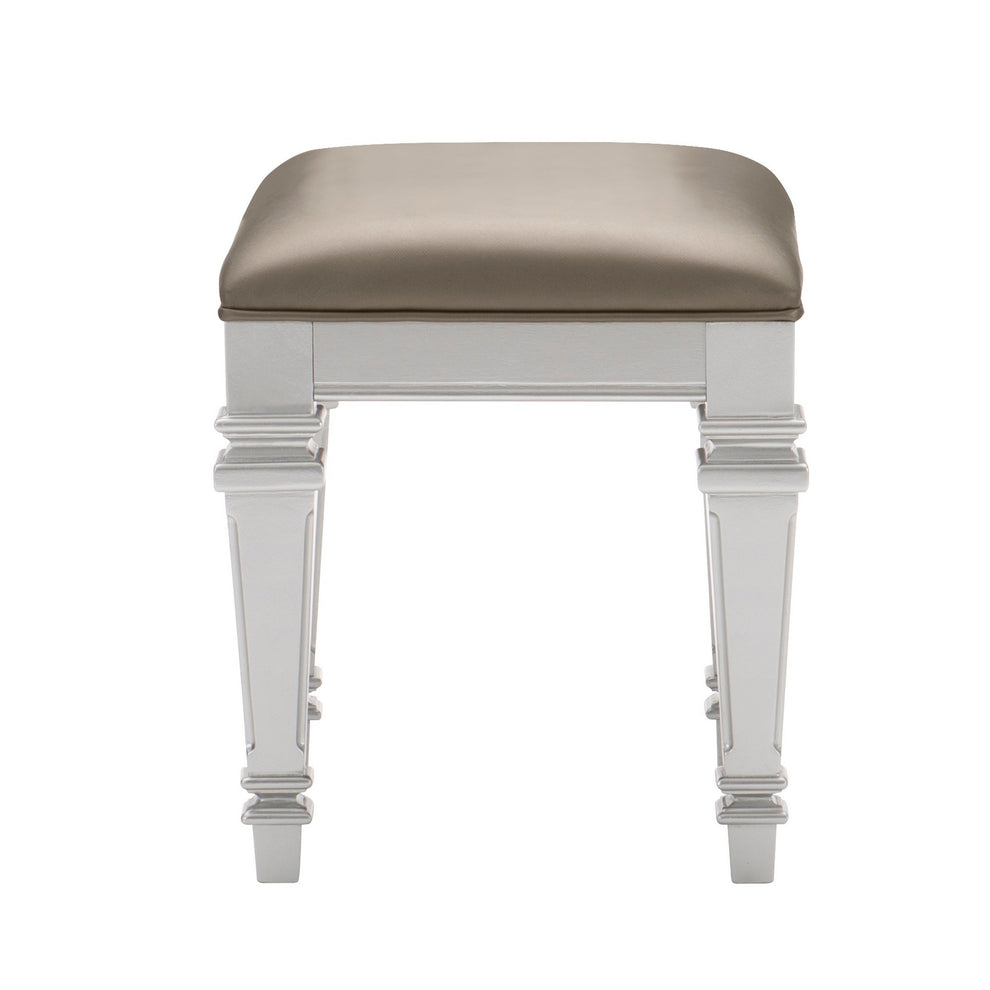 Leatherette Padded Vanity Stool With Tapered Legs And Molded Detail, Silver By Benzara | Stools | Modishstore - 5