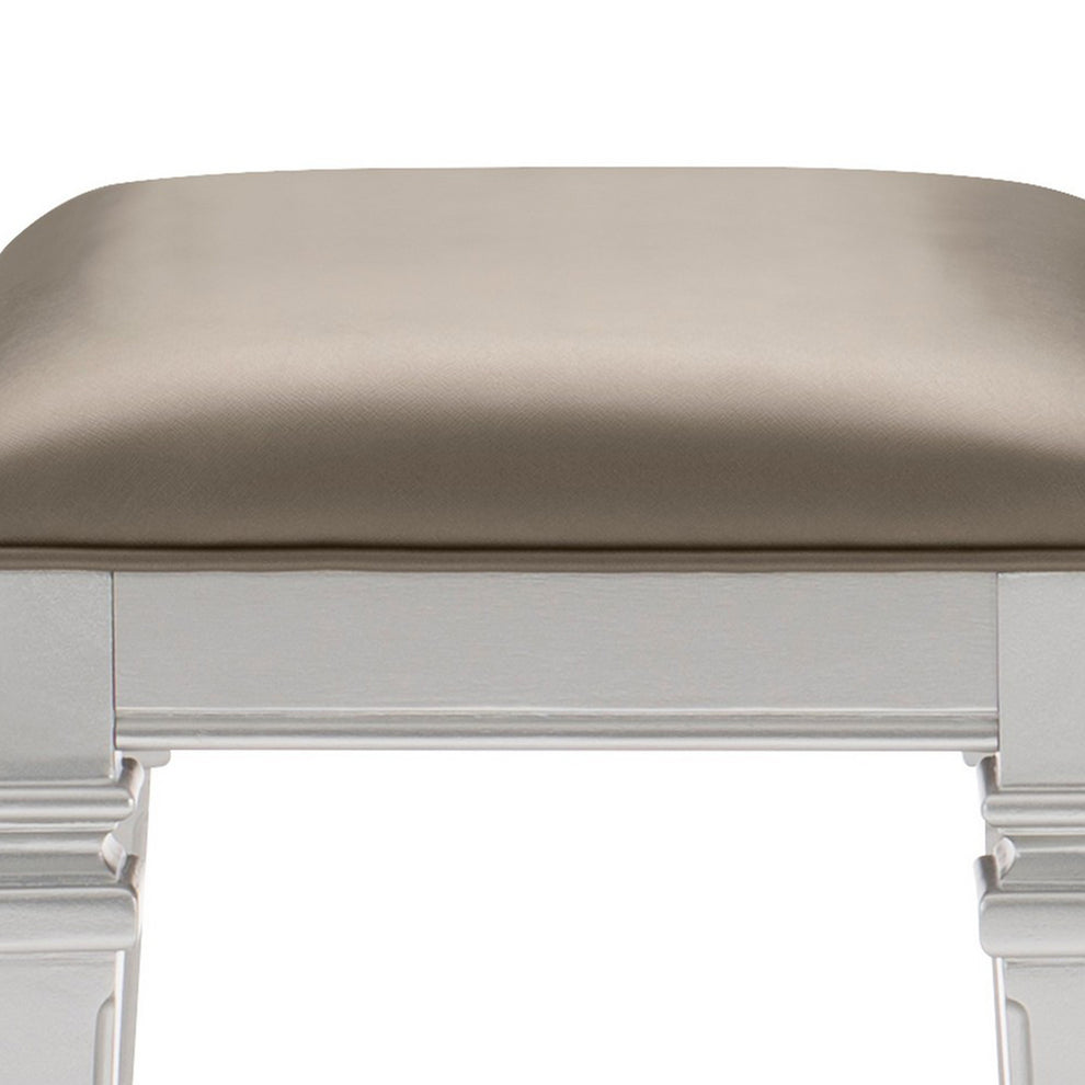Leatherette Padded Vanity Stool With Tapered Legs And Molded Detail, Silver By Benzara | Stools | Modishstore - 3