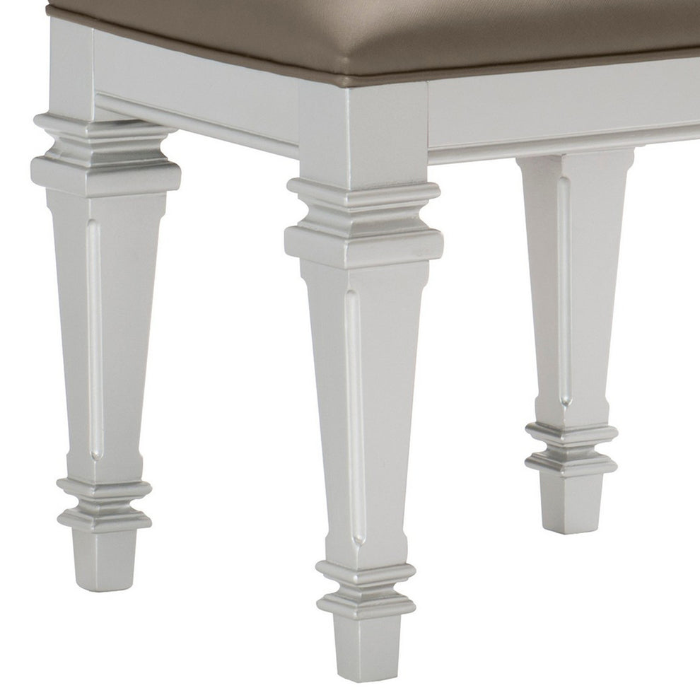 Leatherette Padded Vanity Stool With Tapered Legs And Molded Detail, Silver By Benzara | Stools | Modishstore - 4