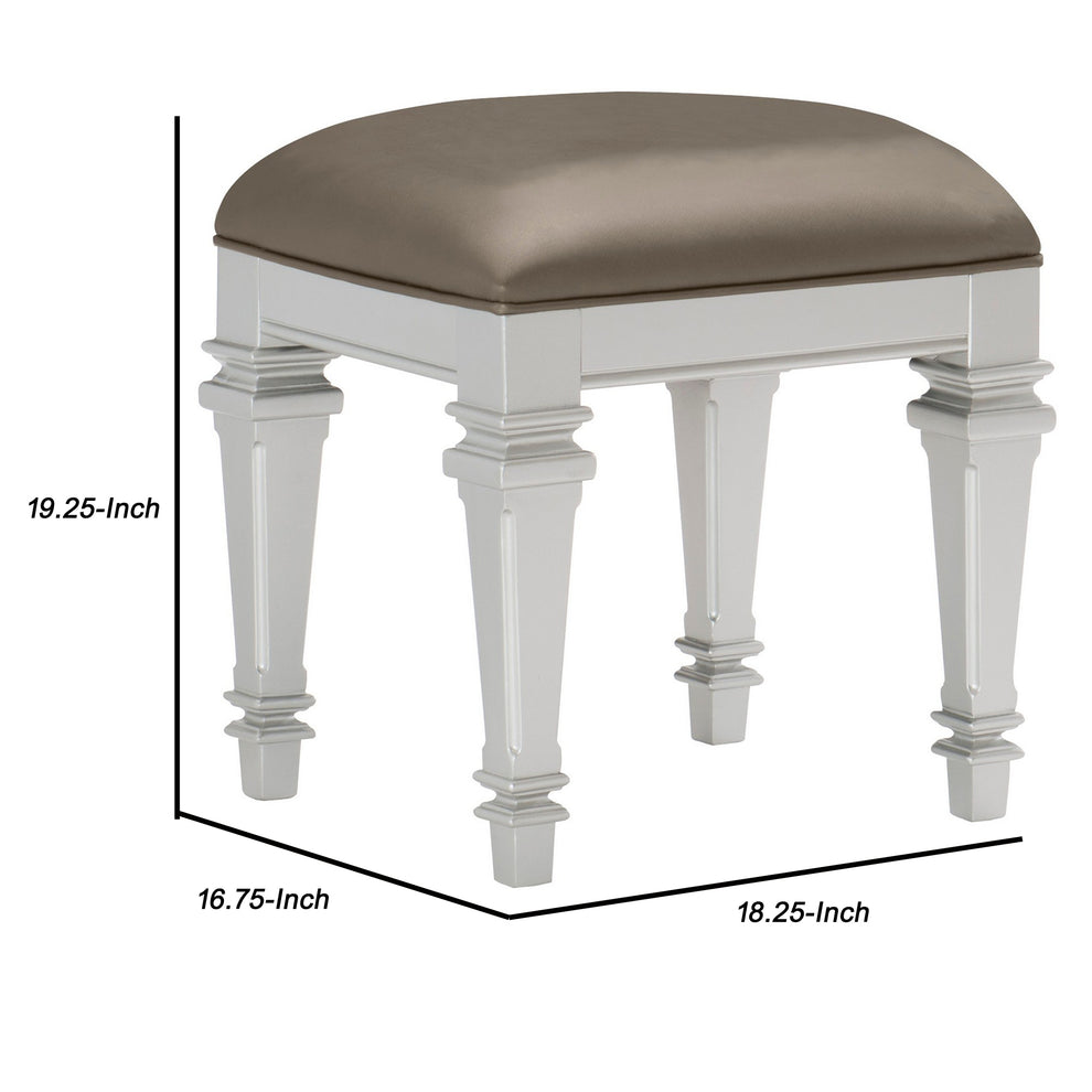 Leatherette Padded Vanity Stool With Tapered Legs And Molded Detail, Silver By Benzara | Stools | Modishstore - 2