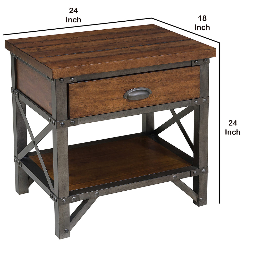 Wooden Nightstand With Metal Block Legs And Open Shelf, Brown By Benzara | Nightstands | Modishstore - 5