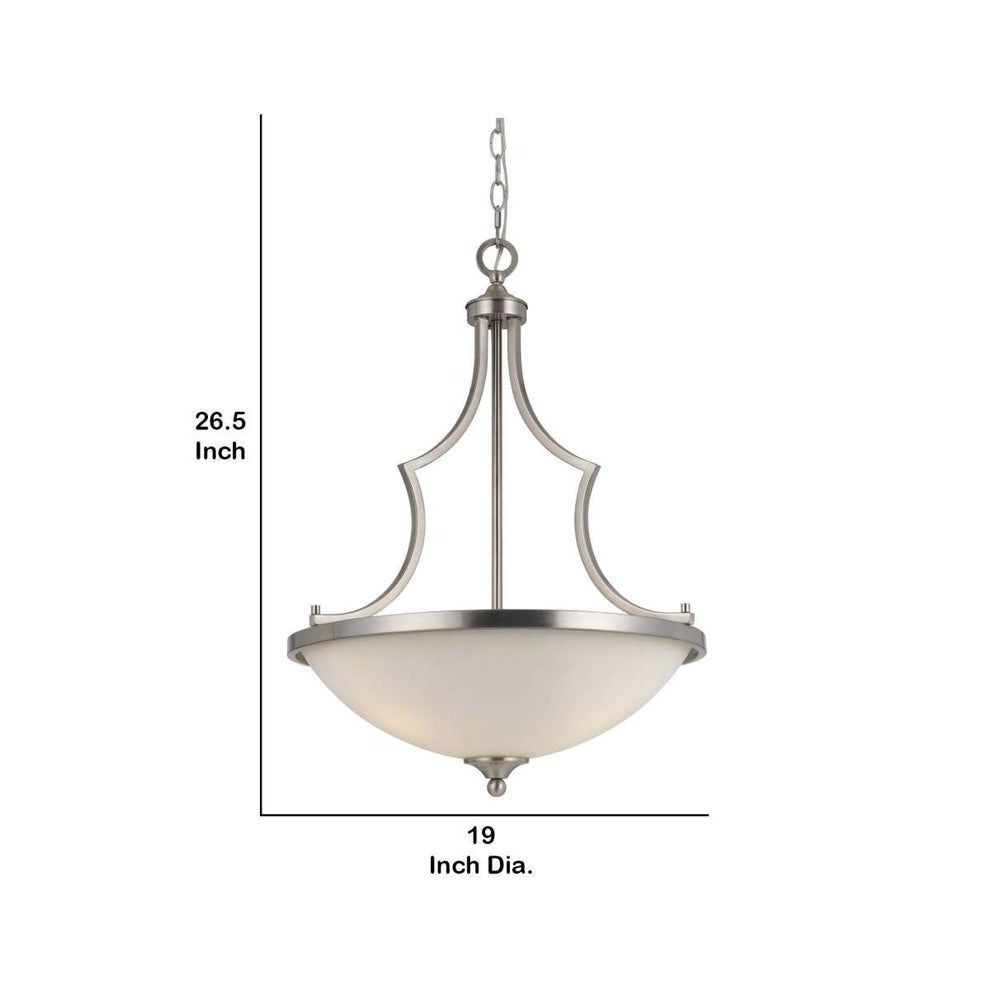 3 Bulb Bowl Style Glass Pendant Fixture With Metal Frame, Silver And White By Benzara | Pendant Lamps |  Modishstore  - 2