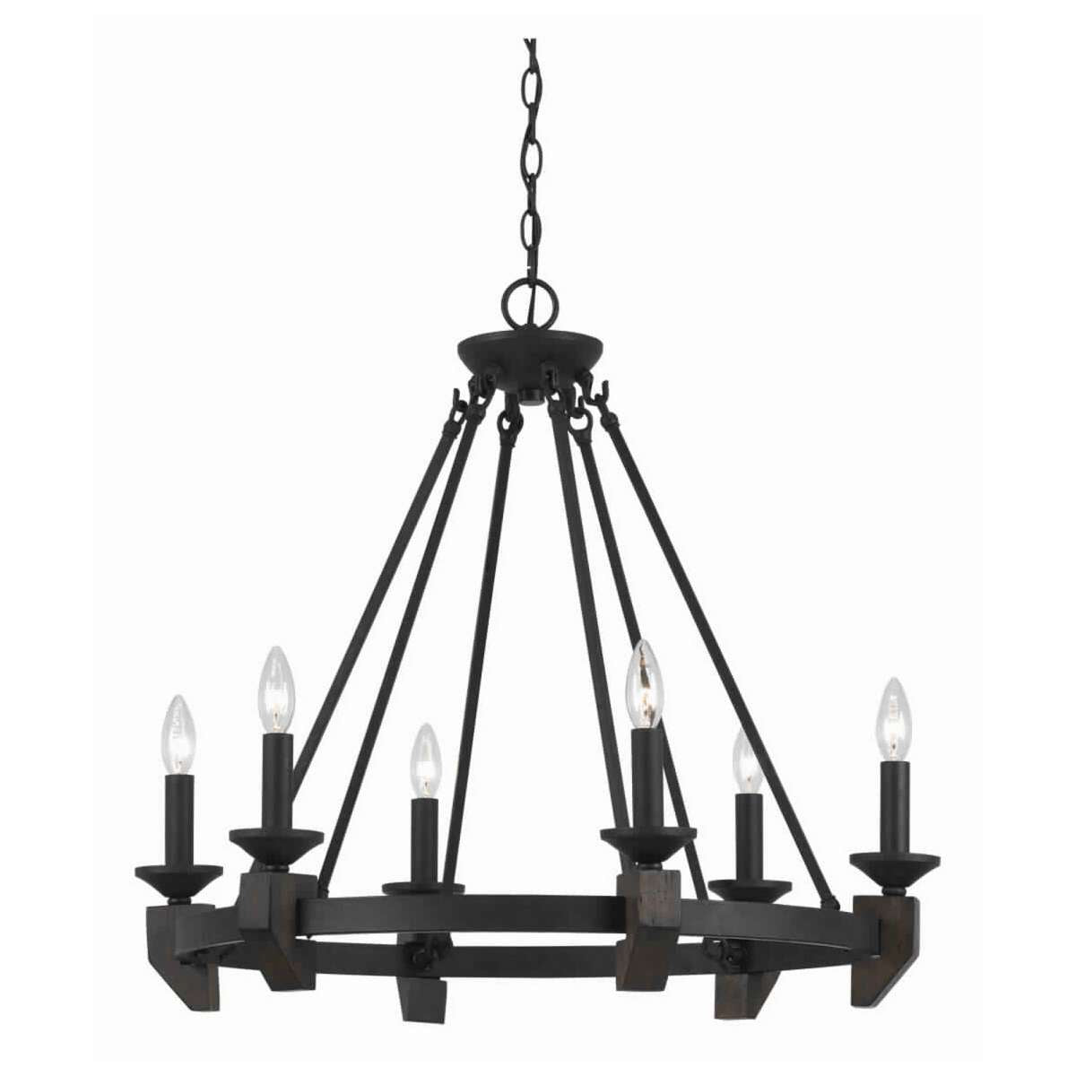 6 Bulb Metal Frame Wagon Wheel Candle Chandelier With Wooden Accents, Black By Benzara | Chandeliers |  Modishstore 