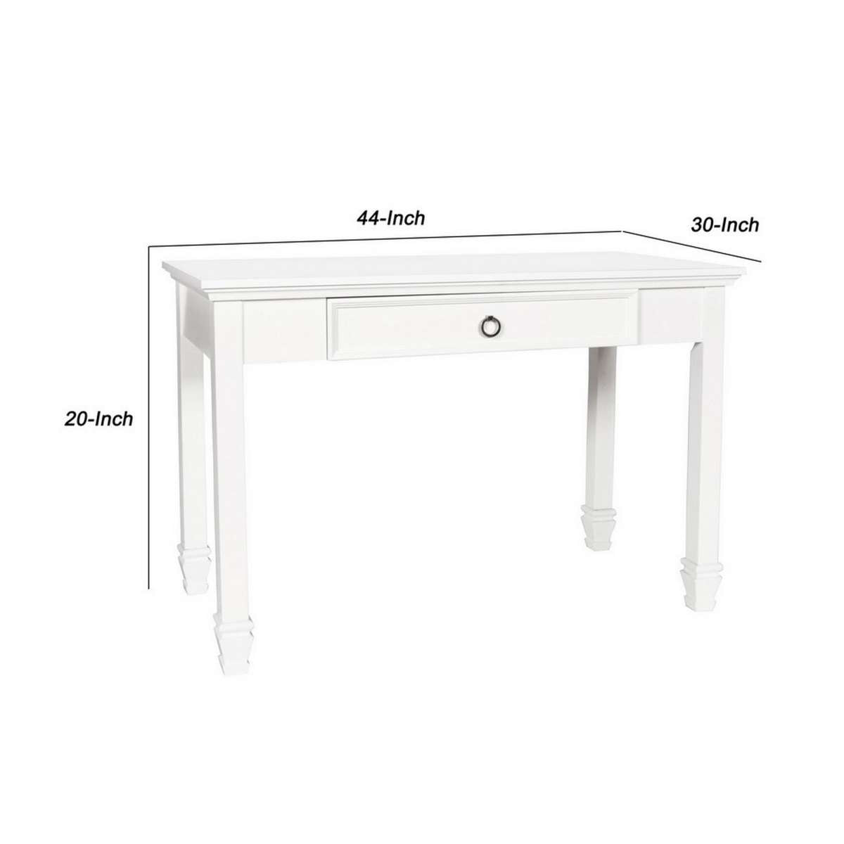 Single Drawer Wooden Desk With Metal Ring Pull And Tapered Legs, White By Benzara | Desks |  Modishstore  - 2