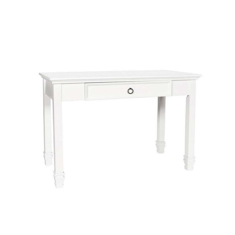 Single Drawer Wooden Desk With Metal Ring Pull And Tapered Legs, White By Benzara | Desks |  Modishstore 