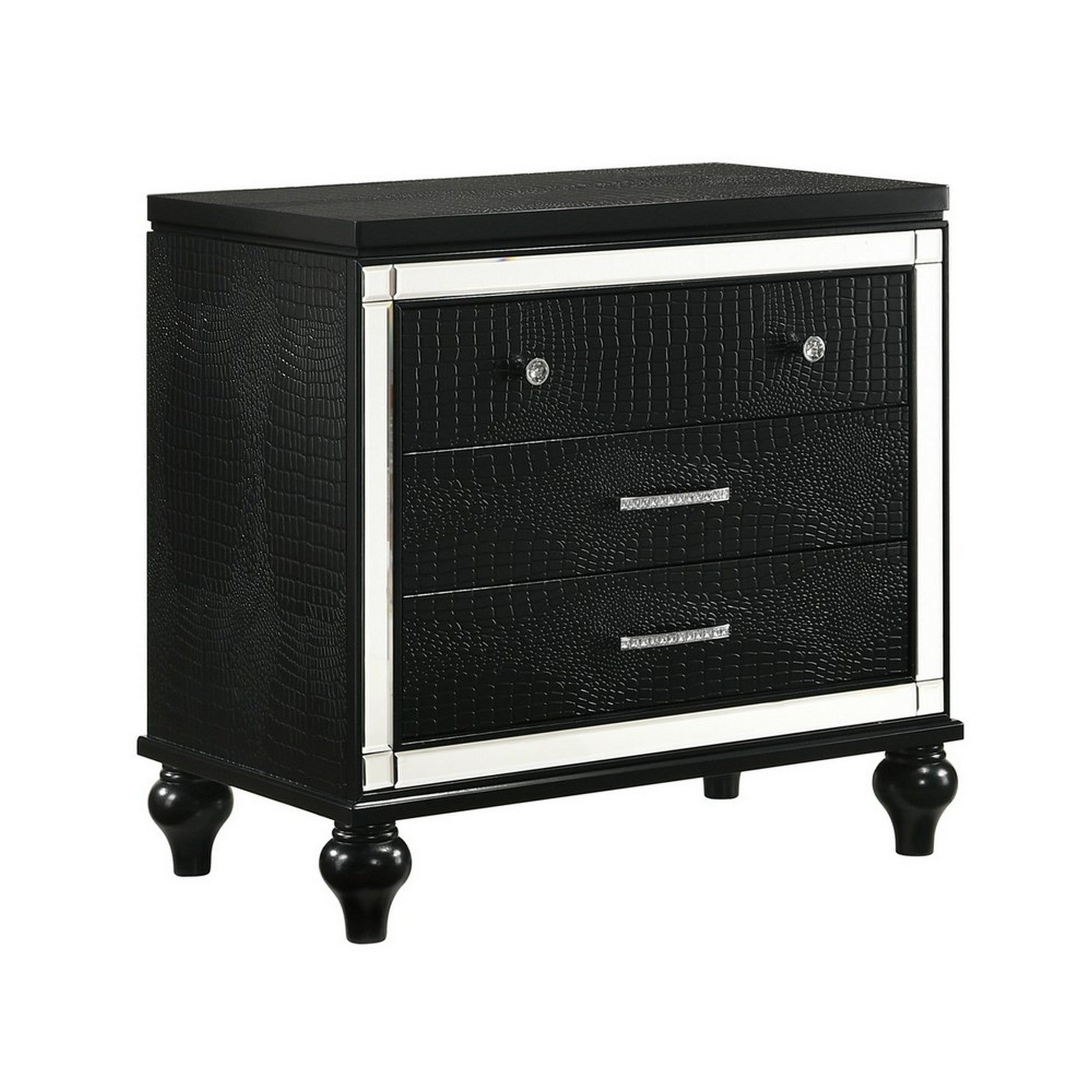3 Drawer Wooden Nightstand With Mirror Accents And Faux Crystal Pulls,Black By Benzara | Nightstands | Modishstore