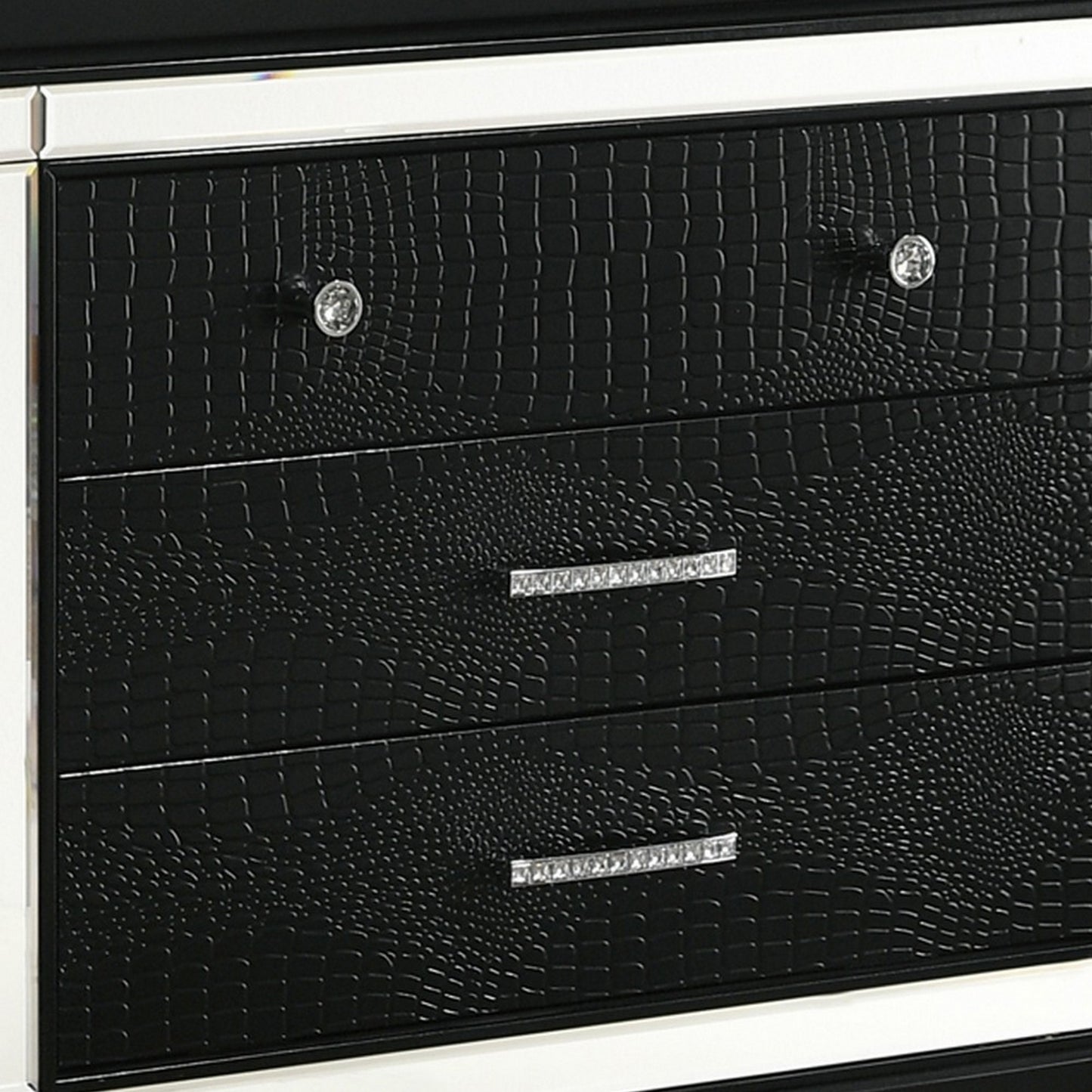 3 Drawer Wooden Nightstand With Mirror Accents And Faux Crystal Pulls,Black By Benzara | Nightstands | Modishstore - 3