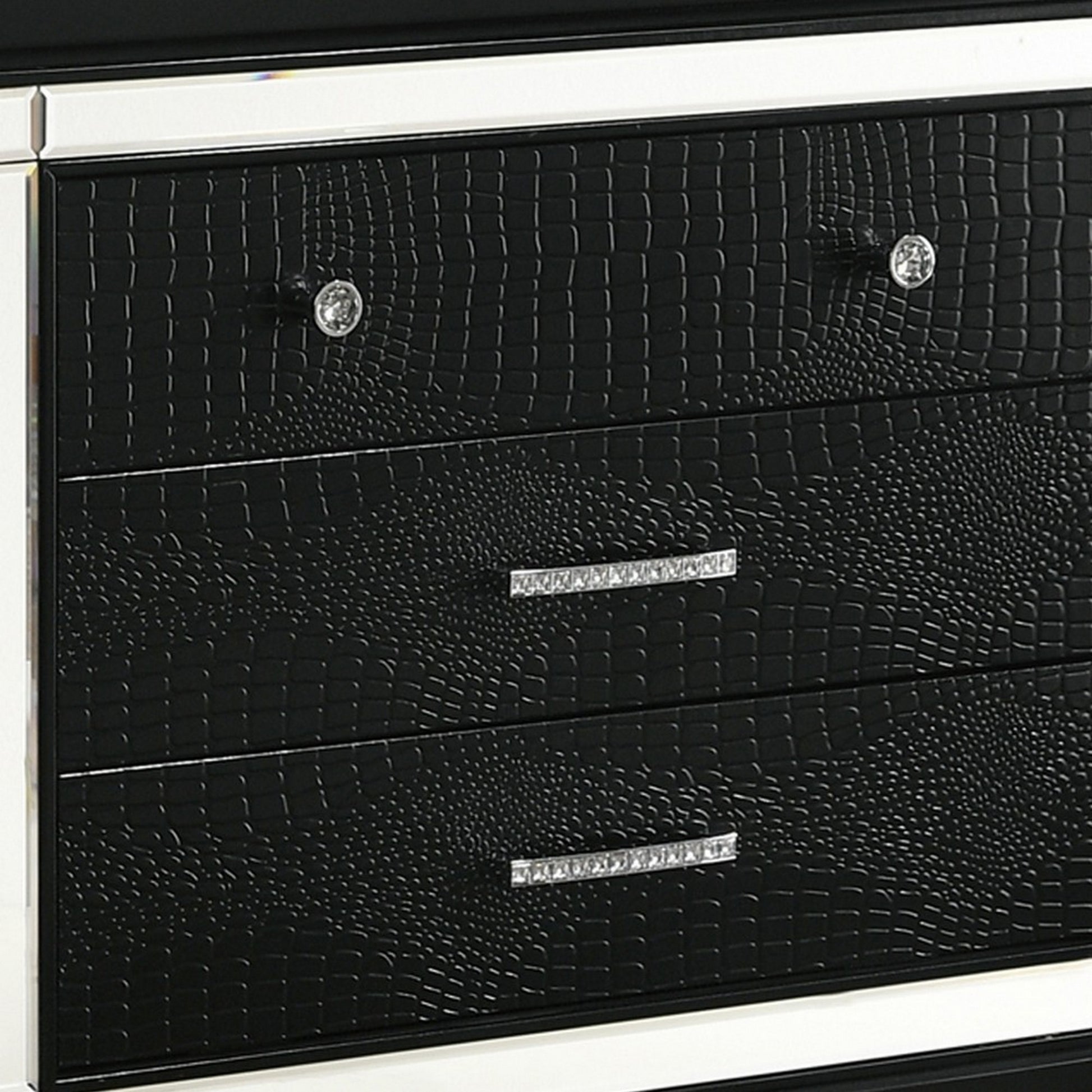 3 Drawer Wooden Nightstand With Mirror Accents And Faux Crystal Pulls,Black By Benzara | Nightstands | Modishstore - 3