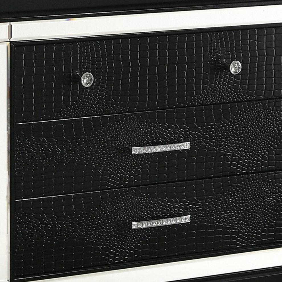 3 Drawer Wooden Nightstand With Mirror Accents And Faux Crystal Pulls,Black By Benzara | Nightstands | Modishstore - 3