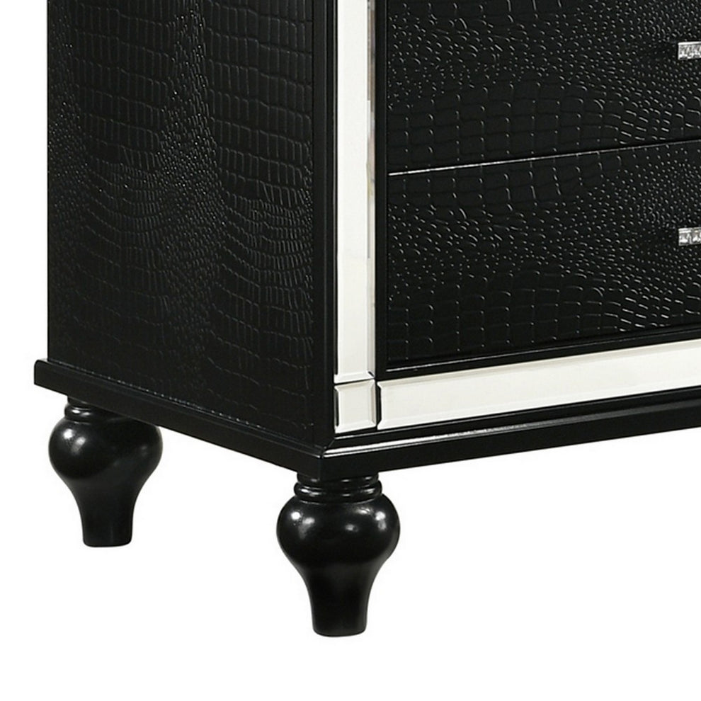3 Drawer Wooden Nightstand With Mirror Accents And Faux Crystal Pulls,Black By Benzara | Nightstands | Modishstore - 4