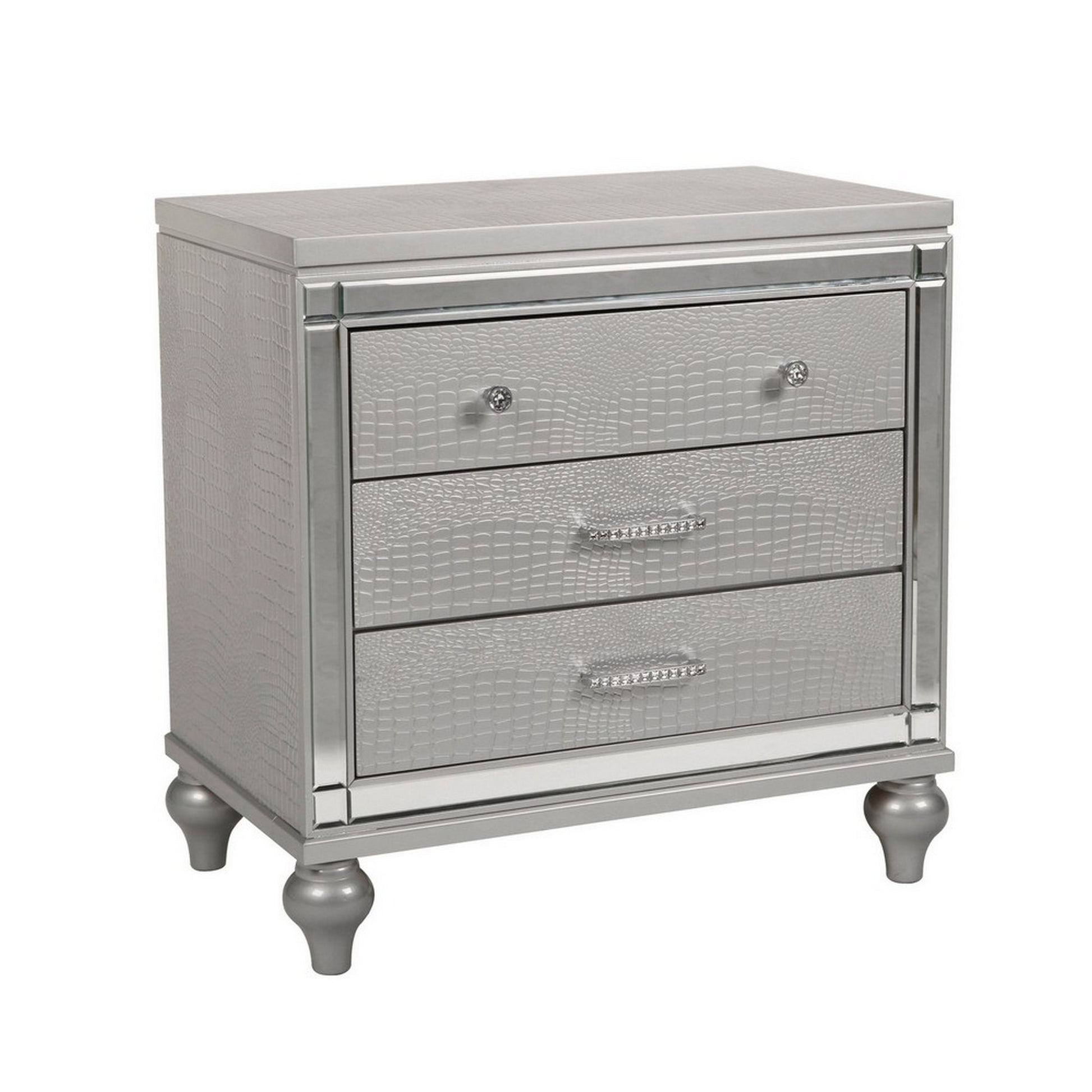 3 Drawer Wooden Nightstand With Mirror Accents And Faux Crystal Pulls, Gray By Benzara | Nightstands | Modishstore