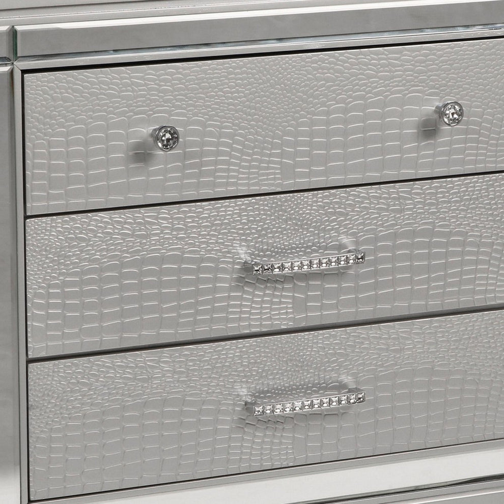 3 Drawer Wooden Nightstand With Mirror Accents And Faux Crystal Pulls, Gray By Benzara | Nightstands | Modishstore - 3