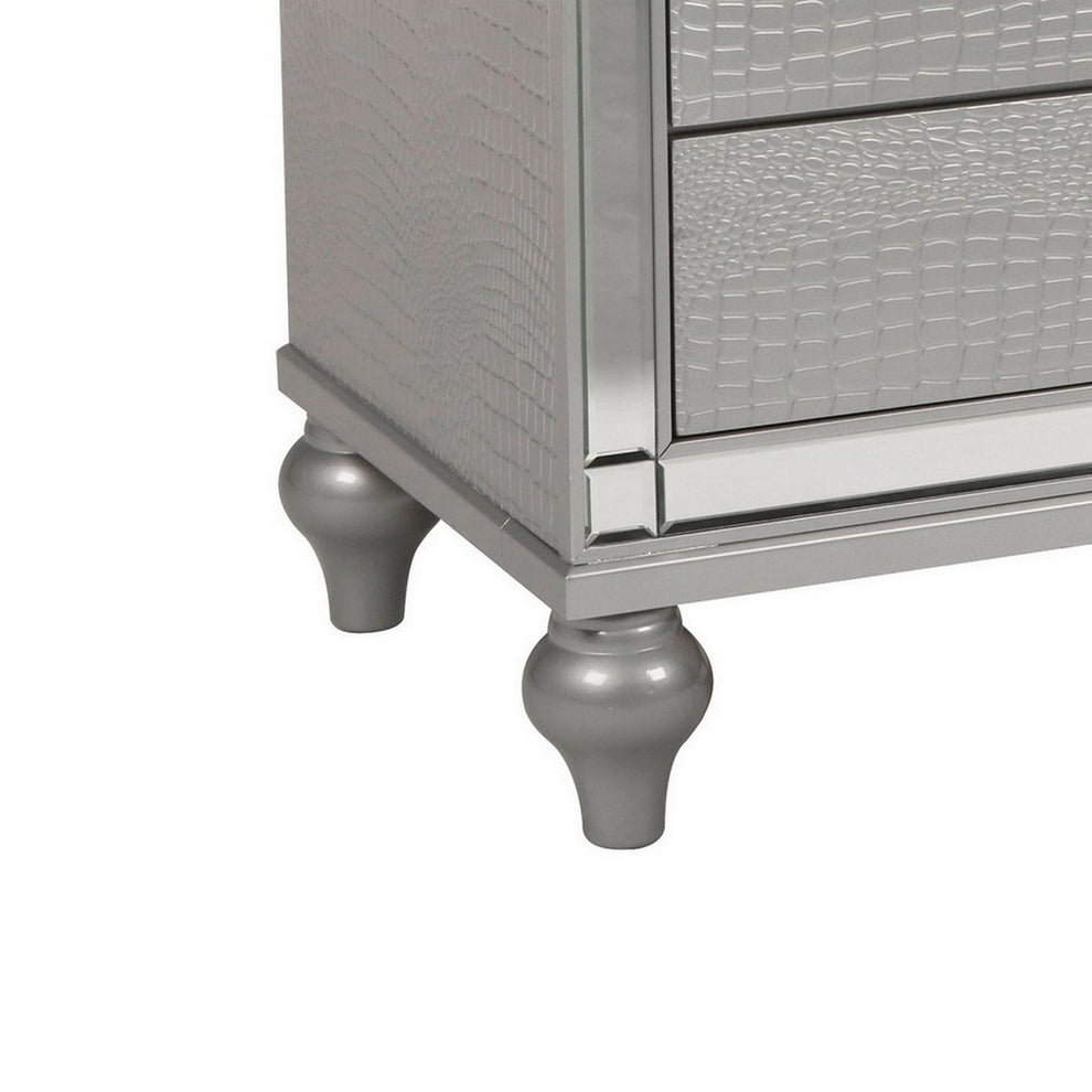 3 Drawer Wooden Nightstand With Mirror Accents And Faux Crystal Pulls, Gray By Benzara | Nightstands | Modishstore - 4