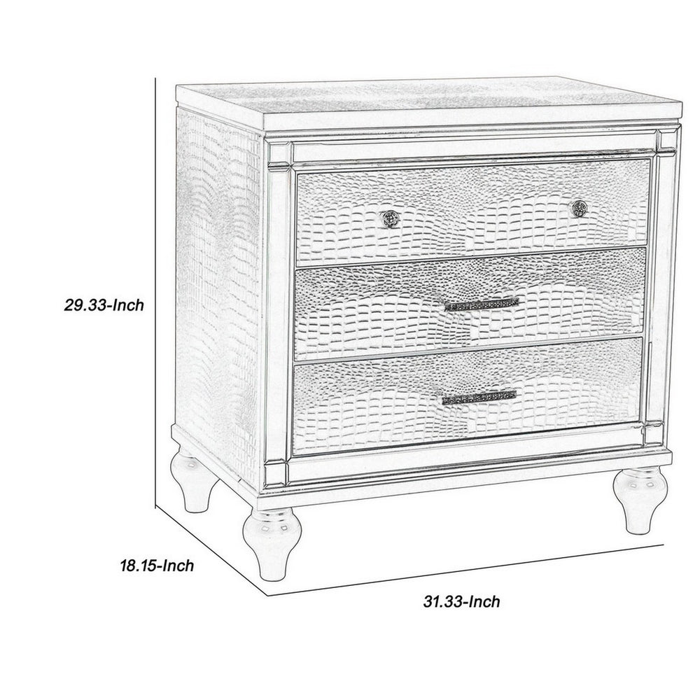3 Drawer Wooden Nightstand With Mirror Accents And Faux Crystal Pulls, Gray By Benzara | Nightstands | Modishstore - 5