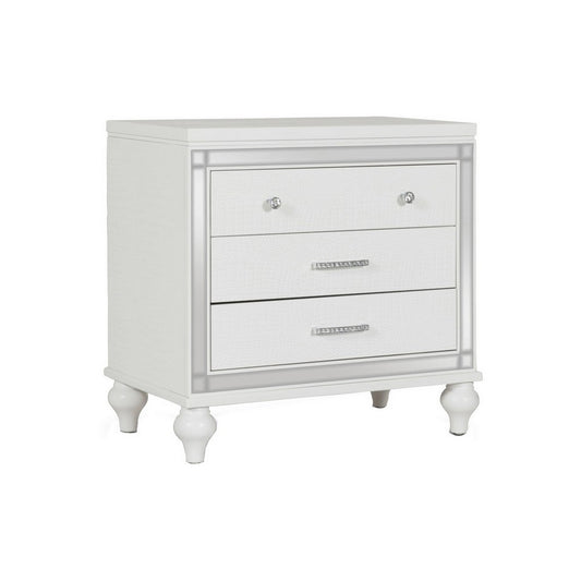 3 Drawer Wooden Nightstand With Mirror Accents And Faux Crystal Pulls,White By Benzara | Nightstands | Modishstore