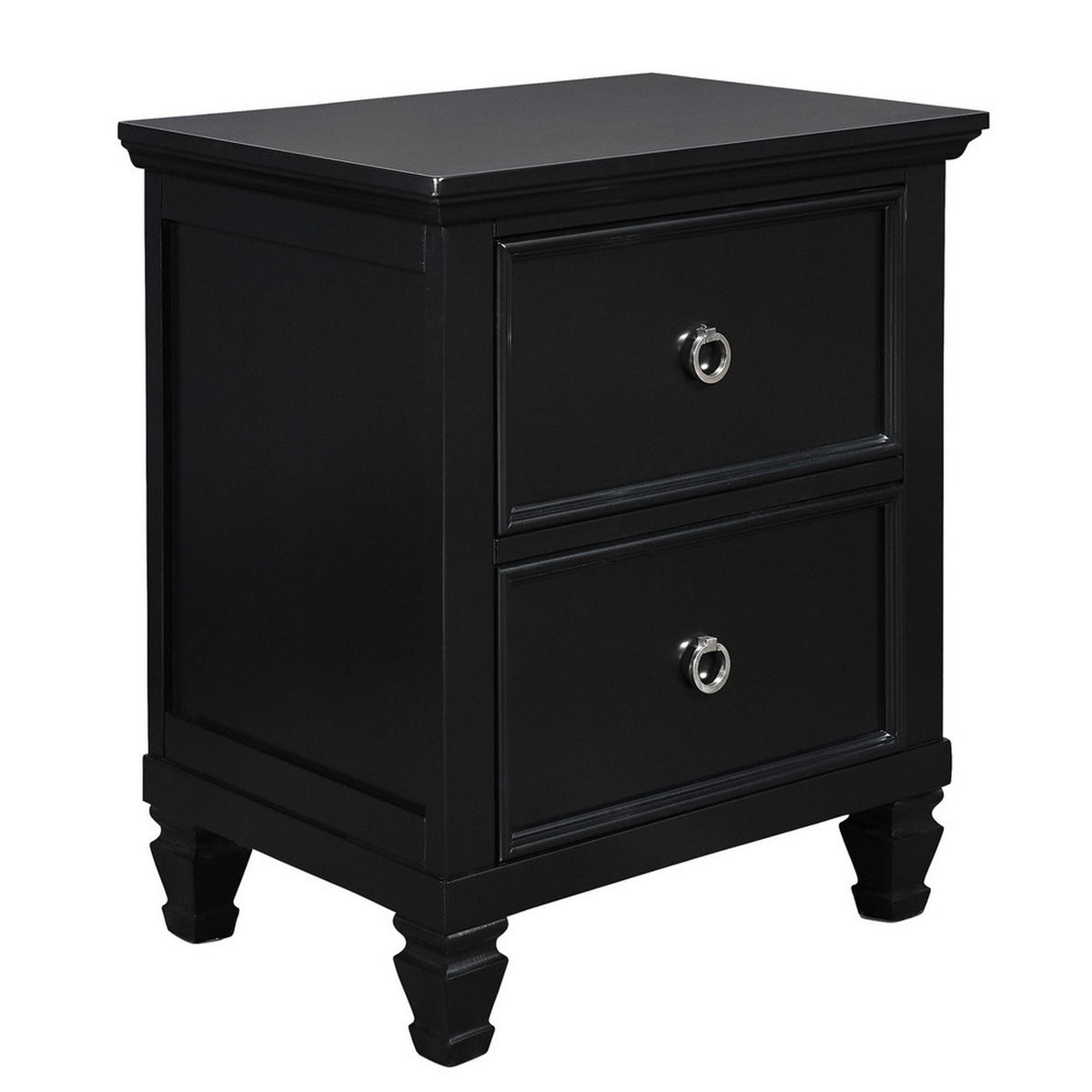 2 Drawer Wooden Nightstand With Tapered Legs And Metal Rings, Black By Benzara | Nightstands | Modishstore