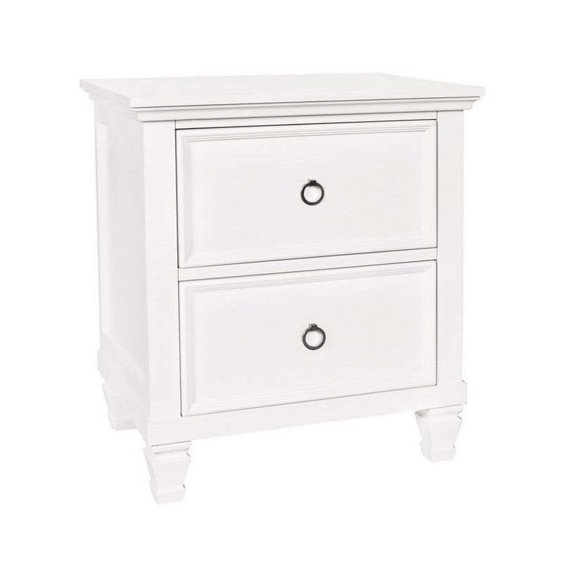 2 Drawer Wooden Nightstand With Tapered Legs And Metal Rings, White By Benzara | Nightstands | Modishstore