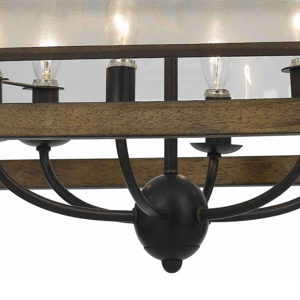 6 Bulb Square Chandelier With Wooden Frame And Organza Striped Shade, Brown By Benzara | Chandeliers |  Modishstore  - 5