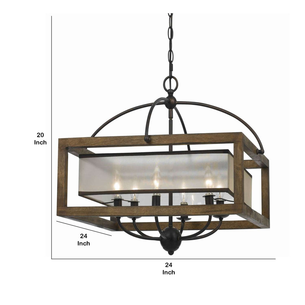 6 Bulb Square Chandelier With Wooden Frame And Organza Striped Shade, Brown By Benzara | Chandeliers |  Modishstore  - 2