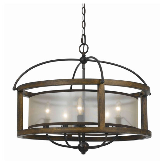 5 Bulb Round Chandelier With Wooden Frame And Organza Striped Shade, Brown By Benzara | Chandeliers |  Modishstore 