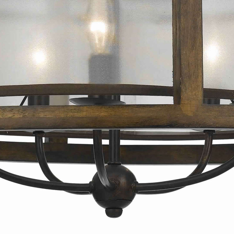 5 Bulb Round Chandelier With Wooden Frame And Organza Striped Shade, Brown By Benzara | Chandeliers |  Modishstore  - 5