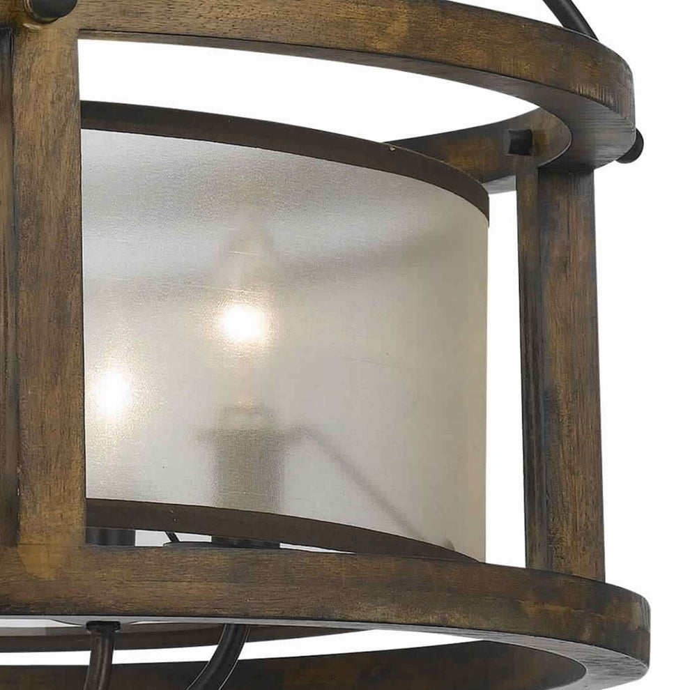 5 Bulb Round Chandelier With Wooden Frame And Organza Striped Shade, Brown By Benzara | Chandeliers |  Modishstore  - 4