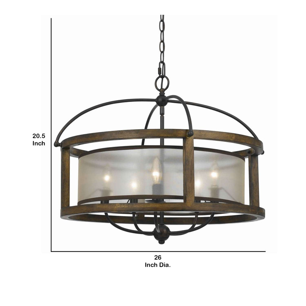 5 Bulb Round Chandelier With Wooden Frame And Organza Striped Shade, Brown By Benzara | Chandeliers |  Modishstore  - 2