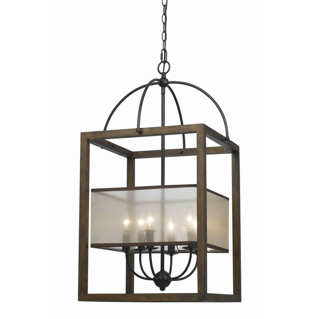 Rectangular Chandelier With Wooden Frame And Organza Striped Shade, Brown By Benzara | Chandeliers |  Modishstore 