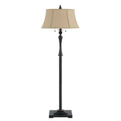 Metal Body Floor Lamp With Fabric Tapered Bell Shade, Black And Beige By Benzara