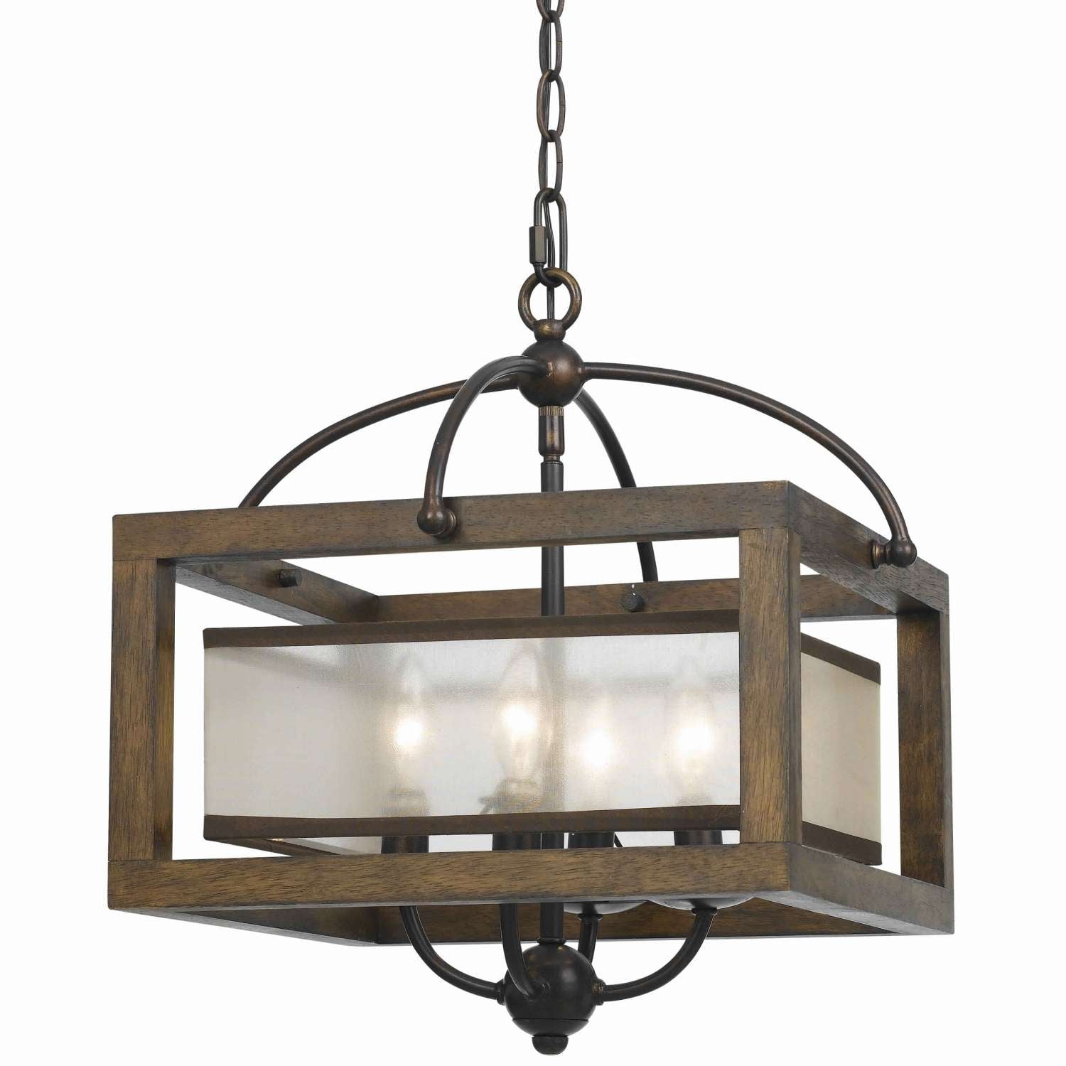 4 Bulb Semi Flush Pendant With Wooden Frame And Organza Striped Shade,Brown By Benzara | Chandeliers |  Modishstore 