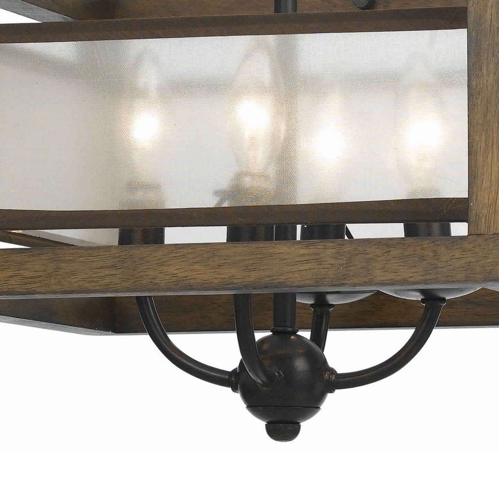 4 Bulb Semi Flush Pendant With Wooden Frame And Organza Striped Shade,Brown By Benzara | Chandeliers |  Modishstore  - 5