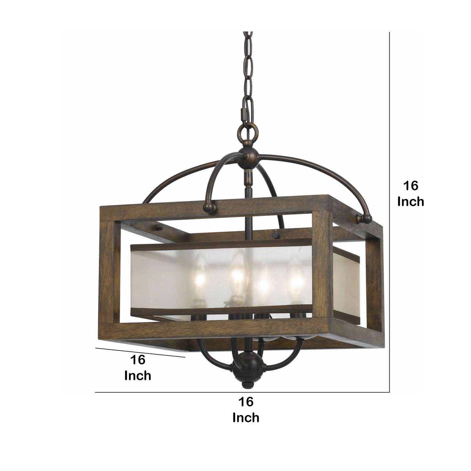 4 Bulb Semi Flush Pendant With Wooden Frame And Organza Striped Shade,Brown By Benzara | Chandeliers |  Modishstore  - 2