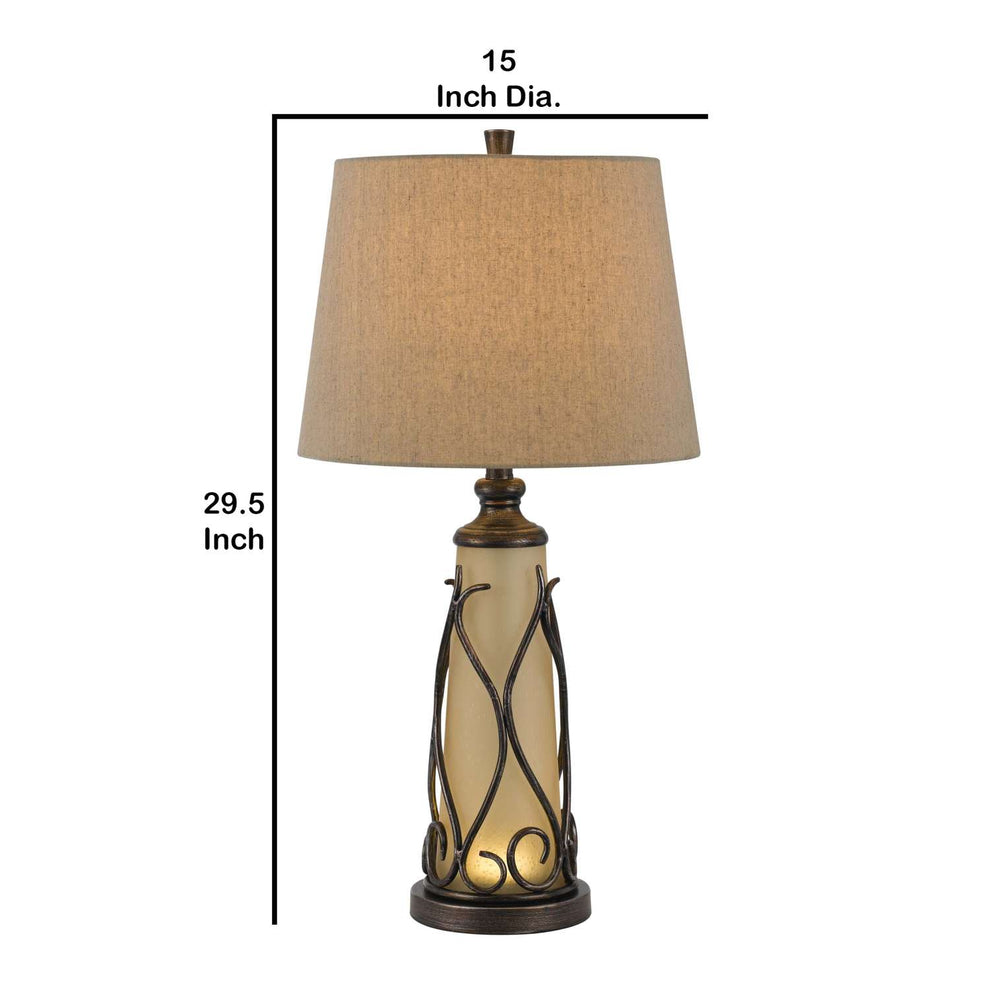 3 Way Table Tamp With Frosted Glass Body And Fabric Shade, Beige And Bronze By Benzara | Table Lamps |  Modishstore  - 2