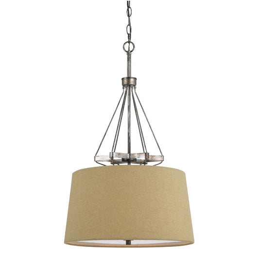 3 Bulb Pendent With Round Burlap Shade And Metal Frame, Beige By Benzara | Chandeliers |  Modishstore 