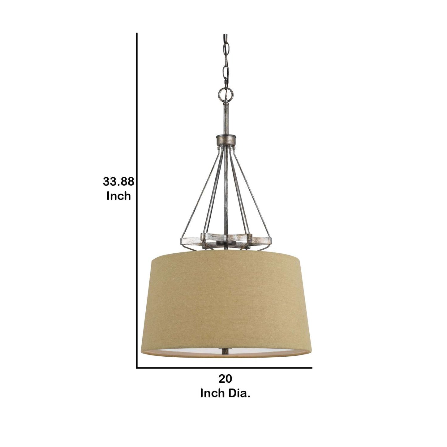 3 Bulb Pendent With Round Burlap Shade And Metal Frame, Beige By Benzara | Chandeliers |  Modishstore  - 2