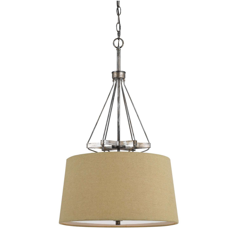 3 Bulb Pendent With Round Burlap Shade And Metal Frame, Beige By Benzara | Chandeliers |  Modishstore 