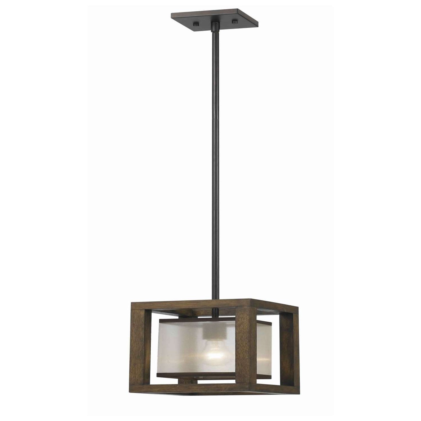 60 Watt Mini Pendant With Wooden Frame And Organza Striped Shade, Brown By Benzara | Chandeliers |  Modishstore 