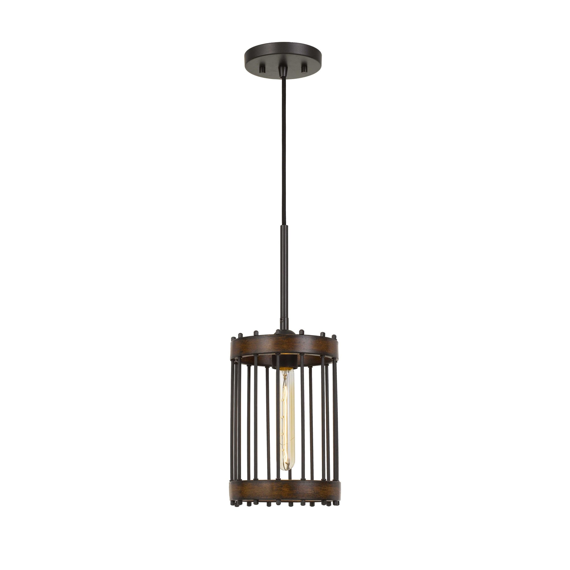 Caged Cylinder Design Metal Pendant Fixture With Canopy, Black And Brown By Benzara | Pendant Lamps |  Modishstore 