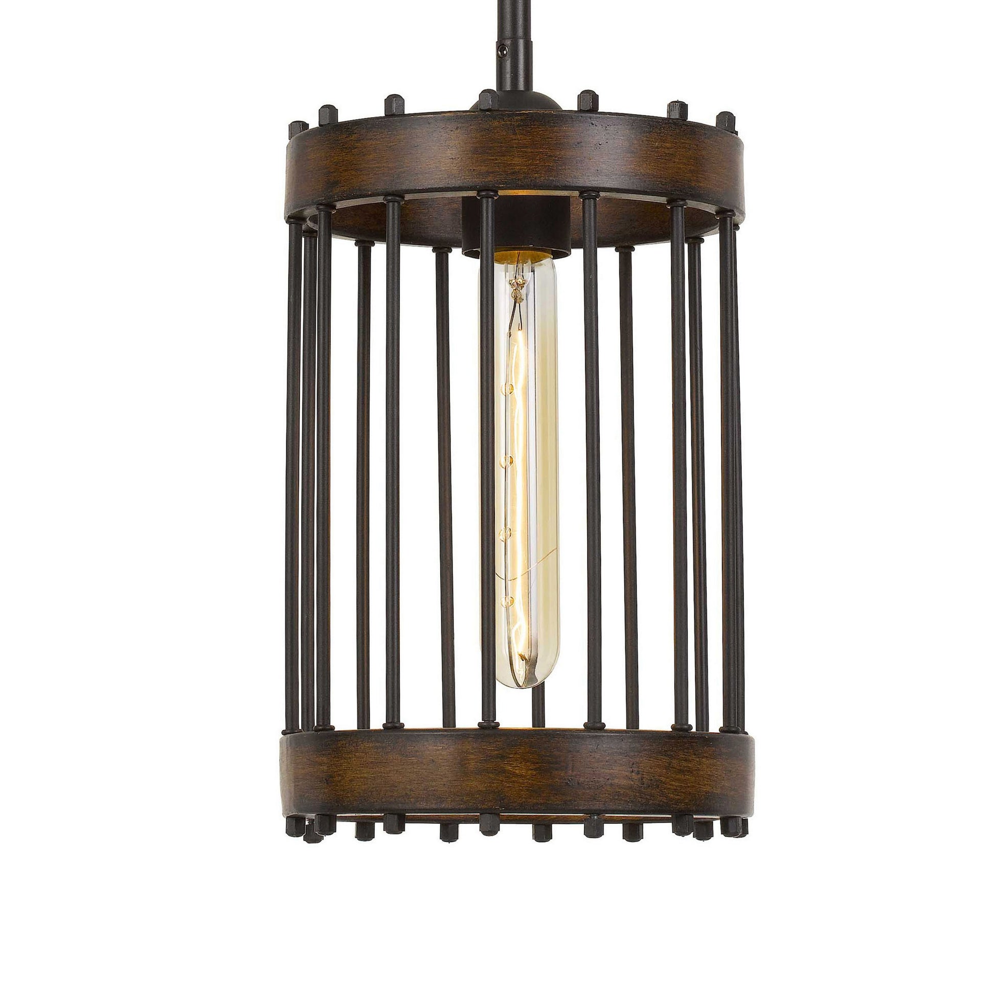 Caged Cylinder Design Metal Pendant Fixture With Canopy, Black And Brown By Benzara | Pendant Lamps |  Modishstore  - 4
